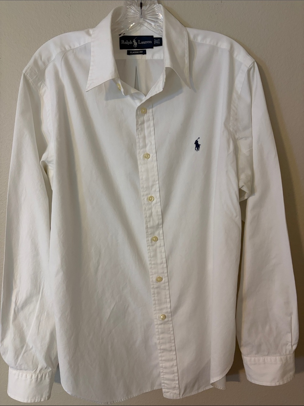 Ralph Lauren White Button-Front Dress Shirt with Navy Pony